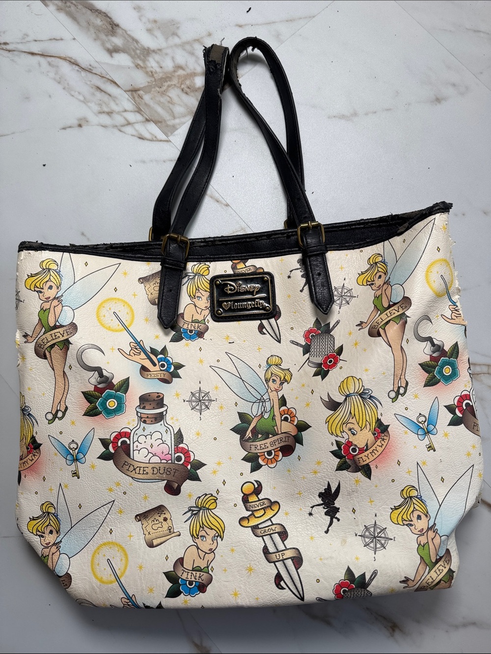 Loungefly Tinkerbell Tattoo Art Tote Bag Distressed All Over Print